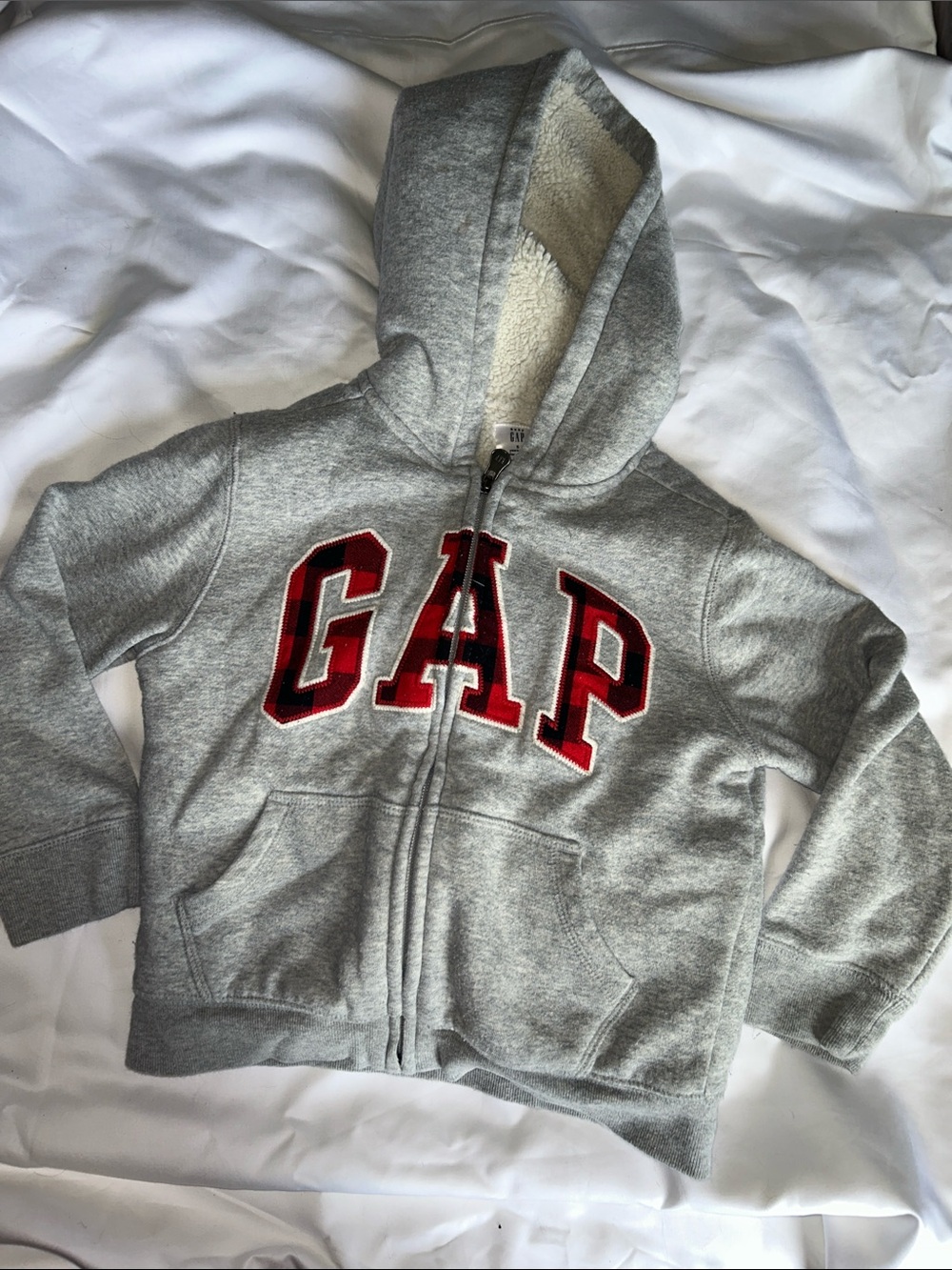GAP Gray Hooded Zip Sweatshirt with Red Plaid Logo